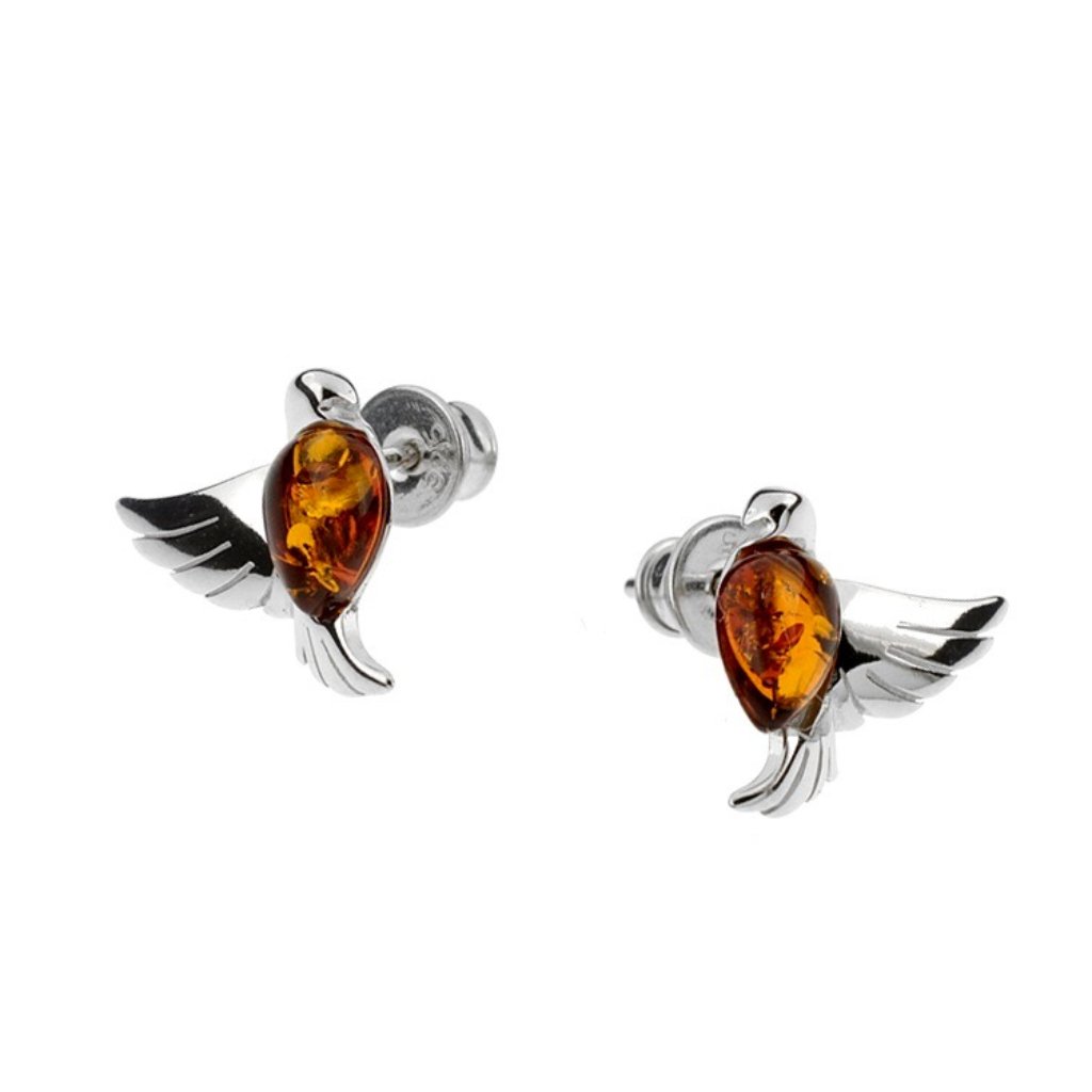 Store Liquidation Sale Small Bird Stud Earrings With Cognac Color Amber